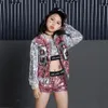 Clothing Sets 4-14 Years Girls Pink Sequin Crop Tops Shorts Jacket Dancewear Costume Hip Hop Modern Jazz Dance Stage Performance Wear 230418