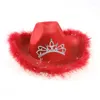 Chapeaux à large bord Chapeau de cow-girl pour femmes avec écharpe carrée Style occidental Tiara Girl Pink Cowboy Cap Costume de vacances Fête