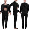 Pantalon deux pièces pour femmes costume Caual solide 3 ensemble survêtement CropTop femmes Camisole manches longues fermeture éclair à capuche veste poches à cordon