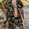 Herrspårar Summer Beach Fashion Flower Print Två stycksuppsättningar för män Kort ärmskjorta Shorts Suits Hawaiian Casual Male Outfit 230418