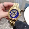 Designer-Armbanduhr für Herren, Top-Quarz mit Marken-Stahlband, geschnitzt im chinesischen Drachen-Stil