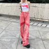 Women's Jeans American Style Vintage Washed Raw Edge Fashion High Waist Casual Trousers Wide Leg Jeans Women Y2k Streetwear Baggy Pink Pants 230417