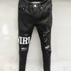 Herr Jeans High Street Embroider Letter Fashion Designer Ripped Hole Slim Fit Trousers Hip Hop Dance Party Black 230417