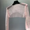 Kadın T-Shirt Yaz Kadın Kristal Glitter Kısa Fishnet Y2K Üstler Parlak Elmaslar Uzun Sleeve T-Shirts Shawl Seksi Parti Kulübü Giysileri 230418