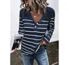 Camisetas de mujer a rayas de verano con botones y cuello en V, camiseta cómoda de manga larga de algodón para mujer, camiseta elegante de talla grande