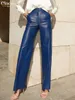 Damesbroek capris clacive mode blauw pu lederen dames broek elegante slanke hoge taille rechte broek streetwear pantalones vrouwelijke kleding 230417