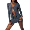 Work Dresses In Matching Sets Women Long Sleeve V-neck Irregular Tops With Low Waist Mini Bodycon Skirt Dress Party Clubwear