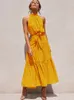 캐주얼 드레스 여름 롱 드레스 폴카 도트 캐주얼 드레스 검은 섹시한 고삐 스트랩리스 노란색 선 드레스 여자 230418