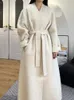 Women's Wool Blends Highend Light Gray Lengthened Xlong Doublesided Woolen And Cashmere Coat Tall Women Collarless Bathrobe Loose Maxi Lace Up 231118