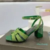 2023-Sandals rhinestones leather high heel square toe cross thin band classic designer 6.5CM thick heel summer green womens dress ankle band 34-42