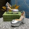 Silver Round Toes Platform Shallow mouth shoes sandals Crystal buckle decoration Patent leather chunky block Ankle strap strap heeled women luxury designer shoes