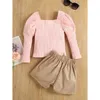 Kleidungssets 1-6 Jahre Kinder Mädchen Sommer Herbst Kleidung Set Baby Puff Langarm Tops mit quadratischem Ausschnitt und kurze Hosen aus PU-Leder Kinder Outfits