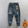 1009 Winter plush and thick insulation men's trendy men's jeans casual pants men's trendy brand patchwork men's pants