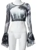 Camiseta de mujer Goth Dark Punk Aesthetic Print Y2k Mesh Mujeres Crop Tops Gothic Flare Sleeve See Through T-shirts Emo Lettuce Hem Sexy Streetwear 230418