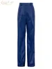 Damesbroek capris clacive mode blauw pu lederen dames broek elegante slanke hoge taille rechte broek streetwear pantalones vrouwelijke kleding 230417