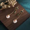 Dangle Earrings 2023 National Tide Product Gold-plated Enamel Painted Auspicious Cloud Stud Hetian Jade China Style Women