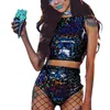 Женские спортивные костюмы Женщины Rave Holographic Bodysuit Mini 2pcs Голограмма Металлический топ и шорты для танцевальной вечеринки клуба 230417