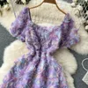 Casual Dresses Summer Mesh Flower Square Neck Dress Summer Women French Style Zipper Elegant rygglösa damer Purple A Line Midi Dresses 2024