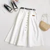 Skirts PEONFLY Autumn Korean Casual Cotton Midi Long Skirt Women Button Pocket Belt A Line High Waist Mid-length Skirt Female 230418