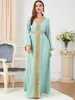 Ethnic Clothing Dresses For Muslim Women Lace Embroidery V-Neck Long Sleeve Party Maxi Dress With Belt Elegant Moroccan Kaftan Turkey Wears 230417