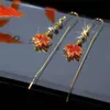 Stud French Vintage Crystal Zircon Red Maple Leaf Earrings for Women Temperament Tassel Party Jewelry Bijoux Gift 231117