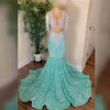 Hortelã verde lantejoulas tira borlas baile de formatura frisado apliques preto menina sereia vestidos para festa à noite vestido de gala