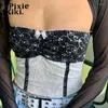 女性の戦車pixiekiki y2kコケットクロップトップ女性のための夏の黒と白のパッチワーク弓レーストリム花柄刺繍チューブトップP69-BC10