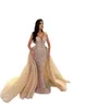 Champagne Overskirts pearls sequins beading formal prom party gowns dresses for special ocns sweep detachable train evening gown