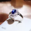 Cluster Rings Luxury Sapphire Oval Shape Full Diamond Blue 925 Silver Ring For Women Geometric Valentine's Day Gift Jewelry