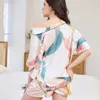 Women's Sleepwear QSROCIO Summer Women's Pajamas Set Tripical Plants Print Loose Top Sleepwear Short Casual Silk Like Homewear 2pcs Nightie Femme 230418