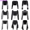 T-Shirt Femme Goth Sexy Dentelle Maille Évasée Manches Longues Corset Crop Tops Y2K Harajuku Vintage Esthétique Noir T-shirts Femmes Tops Tees Streetwear 230418