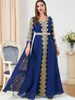 Vestido étnico vestido de noite de mulher elegante vestido de chiffon vestido de chiffon bordado floral painel de renda com cinto de jilbab abaya caftan marroquino 230417