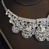 Kopfbedeckungen versilbert Kristallkrone Diademe Halskette Ohrringe Braut Haarschmuck für Frauen Hochzeit große Strass Brautschmuck Sets