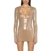 Casual Dresses Fashion Women Sequined Mini Spring Long Sleeve Drawstrings Solid Color Slim Fit Street Party Short Dress