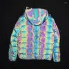 Piumino da uomo 2023 Giacca invernale da uomo Parka Cappotto Moda Hip Hop Colorato Giubbotti riflettenti Streetwear Cappotti da uomo Capispalla Abbigliamento