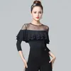 Stage Wear Sexy Ballroom Dance Tops Costume Women Ice Silk Mesh Round Neck Lotus Leaf Sleeve Latin Dancewear