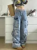 Kvinnors jeans Autumn Winter Ladies Cargo American Street Style Baggy Pant Blue Multipocket Wide Leg for Women 231117