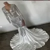 Vacker Silver Sequin Prom Dress for Black Girl Chic Long Sleeve Mermaid aftonklänningar för 16 födelsedagsformella partiets examineringar 2023 Vestidos de Noche