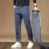 2023 inverno quente jeans masculino com pelúcia e tubo reto engrossado solto meados de idade grande estiramento calças jeans