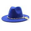 Berets Classic Fedora Hat With Pearl Tassel Chain Woollen Jazz Men and Women Big Brim Fashion Flat Panama