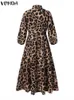 Casual Dresses Vonda 2023 Bohemian Party Maxi Dress Women Retro Leopard tryckt överdimensionerad sundress Lantern Sleeve Chic Casual Long Robe Femme P230407
