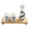 Speckled Cream Majestic Dragon Sake Set Drinkware for Four with Japanese Ceramic Wine Jug 4 Shot Cups Bamboo Serving Tray