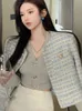 Damen Jacken Woherb Casual Tops Mode Tweed Gestreift für Frauen Ropa Mujer Temperament Tunika Vintage Koreanische Mantel Kleidung 231118