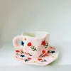 Tasses Creative Flower Pattern Hand Held Ceramic Cup Coffee And Saucer Set Irregular Mug Vintage Pink Tea