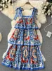 Casual Dresses 2023 Designer Cake Dress Women's Sexy Bow Tie Slip Backless Cascading Ruffled Boho Flower Print Party Robe