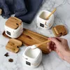 Storage Bottles Seasoning Pot Nordic Marble Pattern Spice Jar Pepper Kitchen Wooden Cap Condiment Bamboo Spoon Black 3in 1