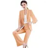 Damen zweiteilige Hose Elegante Frauen Orang Weiß Hosenanzug 2 Blazer Set Halbarm Jacke und Hose für Büro Damen Frühling Sommer Arbeit