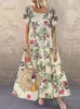 Casual Dresses Women Vintage Floral Long Dress Summer Boho Loose Short Sleeve Female Beach Holiday Elegant Party Maxi Vestidos