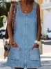 Casual jurken Vintage Solid Pocket Straight Faux Denim Dress Women Elegant U Neck Office Mini Lente zomer Mouwloze riemfeestje