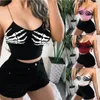 Dames T-shirt Gothic Skeleton Hand Print Bodycon Crop Top Sexy V-hals Spandex Spaghetti Y2K Mouwloos Harajuku Clubwear Hemdje 230418